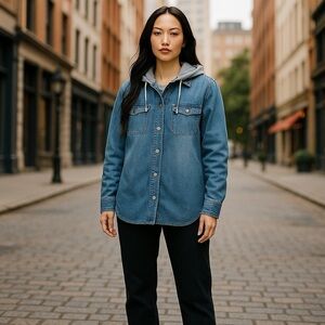 Alivia Ford Women’s Small Faded Denim Hooded Jacket/ Shirt With Gray Hood 2 pkts